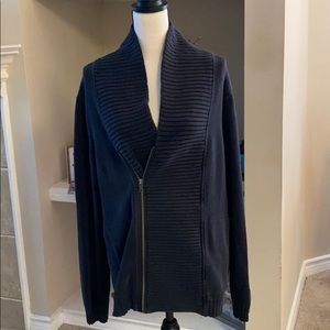 Men's Navy Ribbed Shawl Collar Zip Sweater